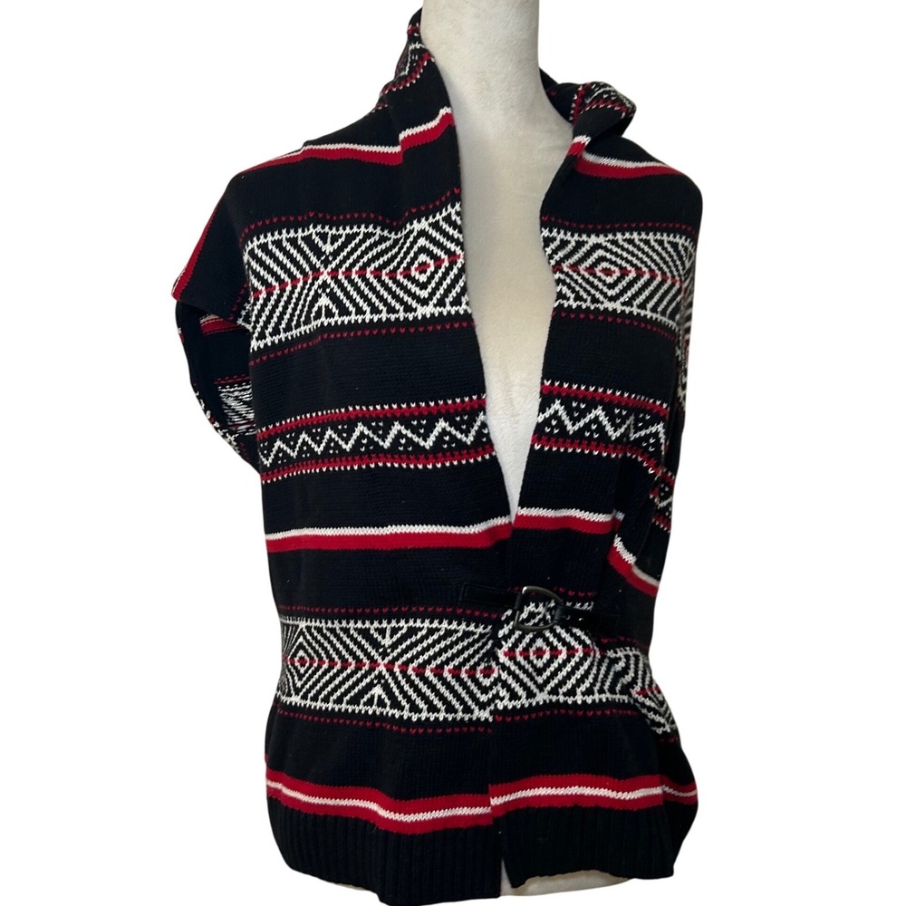 Chaps Womens Medium Black Red Fair Isle Buckle Front Sleeveless Cardigan vintage